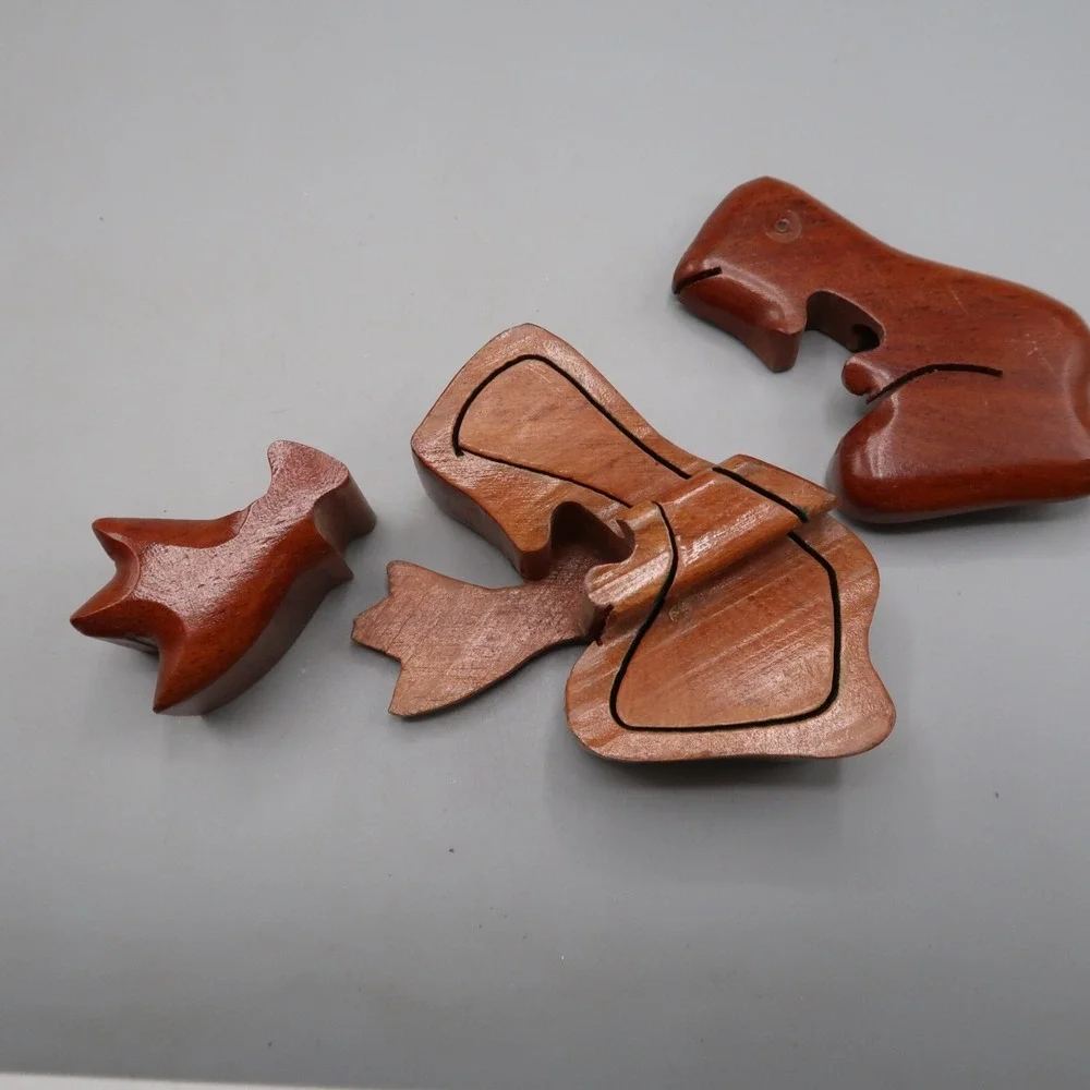 Wooden Puzzle Box Frog Shaped Trinket Box Hidden Secret Compartment Gift